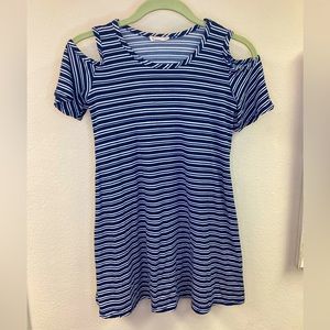 Super Soft Btween dress, cold shoulder sleeves, blue and white stripes